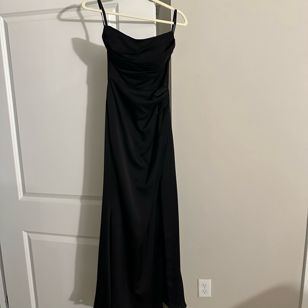 Black Ruched Spaghetti Strap Cowl Neck Gown